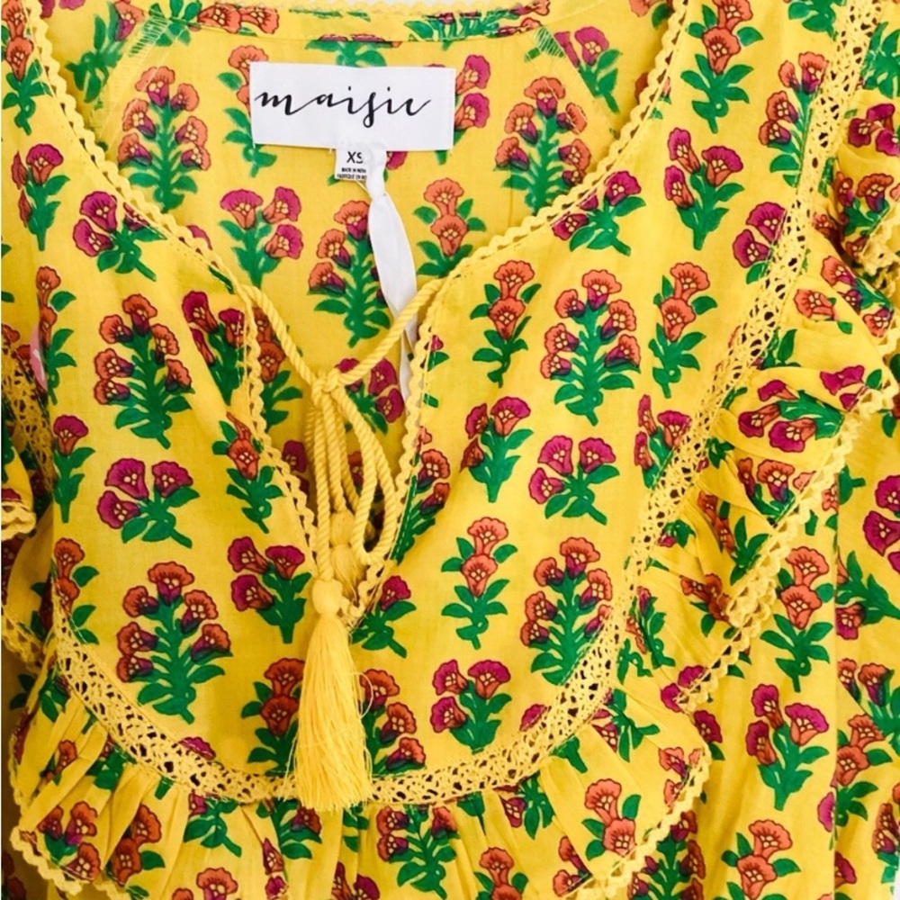 Maifin Yellow Cotton Floral Short Sleeve Mini Dress XS - Picture 2 of 4